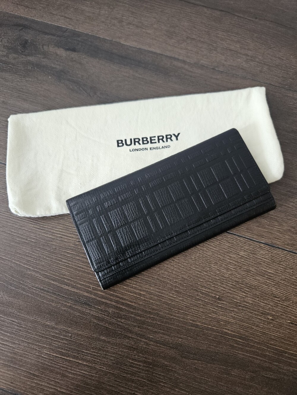 Burberry Slim Black Embossed Nova Check Leather Tri-Fold Wallet + Dustbag
